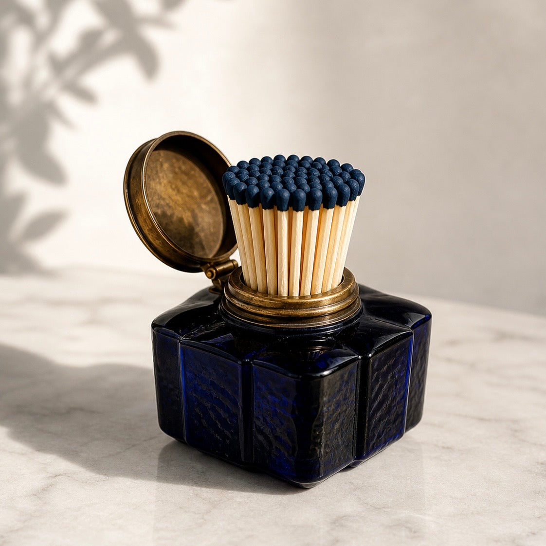 Vintage Cobalt Blue Glass Inkwell Match Holder (c. Early -Mid 20th Century)