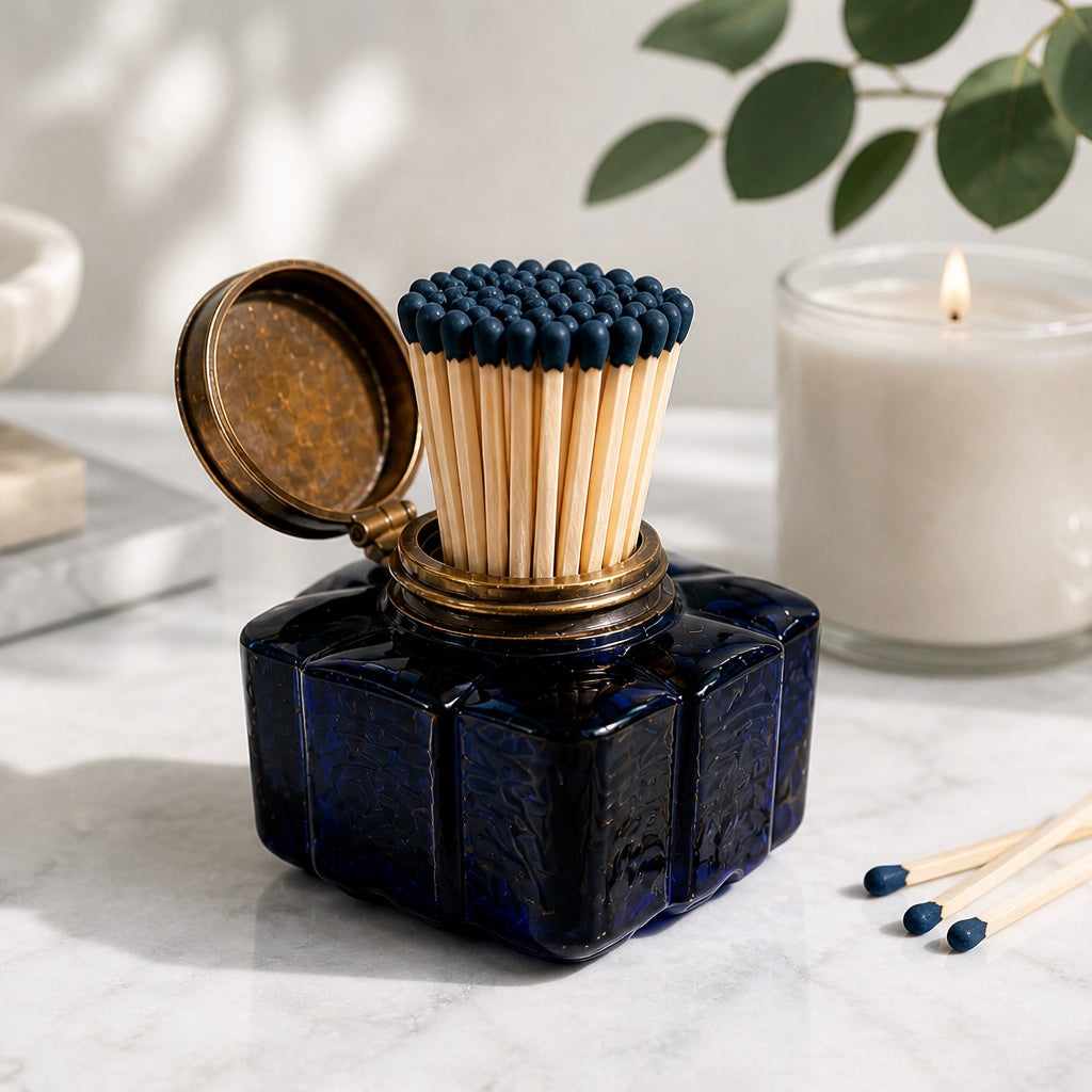 Vintage Cobalt Blue Glass Inkwell Match Holder (c. Early -Mid 20th Century)